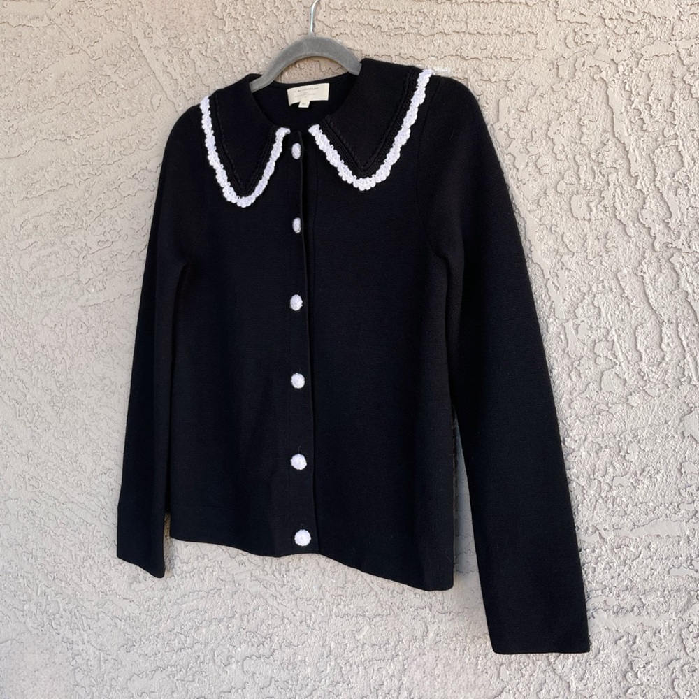 SEZANE BLOGGER Black White Fine Knit Bettany Cardigan Crochet Collared Sweater - Picture 16 of 16
